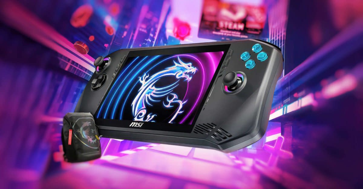 MSI Claw gaming handheld in front of a colorful background.
